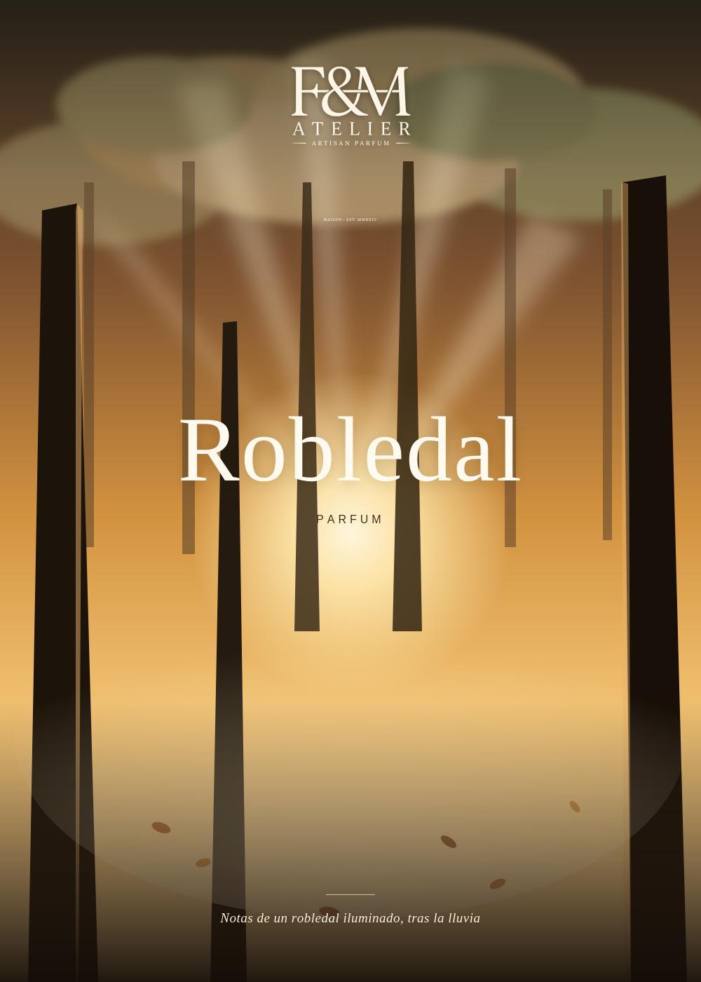 Portada original de Robledal, F&M Atelier. Parfum. Notas de un robledal iluminado, tras la lluvia.